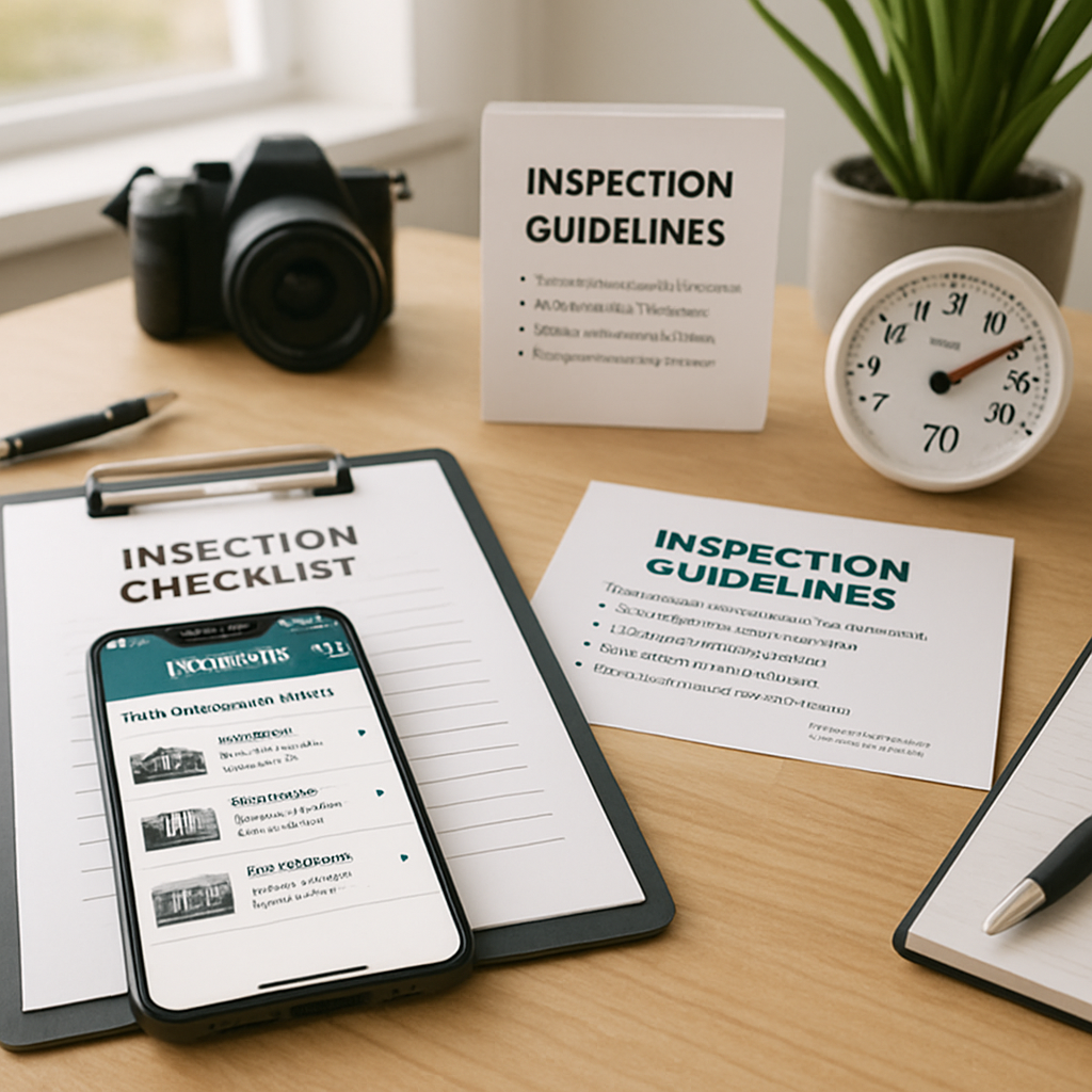 The image depicts a welllit organized workspace where a property inspector is preparing for a job In the foreground a smartphone displays the TaskEasy-1 The image depicts a welllit organized workspace where a property inspector is preparing for a job In the foreground a smartphone displays the TaskEasy-1